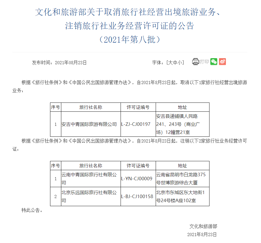 文旅部:取消1家旅行社經營出境旅游業務、注銷2家旅行社業務